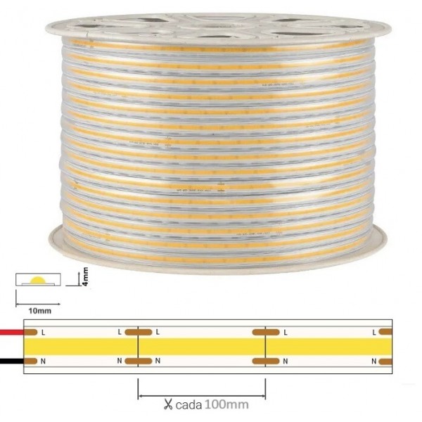 Tira LED 230V monocolor 16W/mt COB IP67 10x4mm corte cada 100mm, Bobina 50mts x 15,60€/m